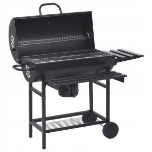 Grill beczkowy z kółkami i półkami, czarny, stal,