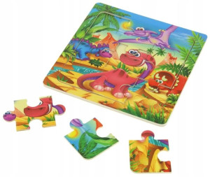 Drewniana Układanka 9 el. Puzzle Wesołe Dinozaury