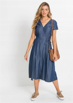Bonprix Jeansowa Rozkloszowana Sukienka Kopertowy Dekolt Denim 40 913483