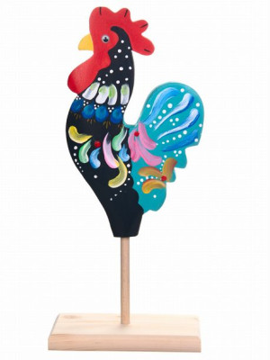 Figurka kogut kogucik drewniany na patyku kolorowy ogon 36 cm