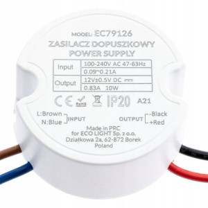 Zasilacz do TAŚMY LED 12V 10W DOPUSZKOWY DO PUSZKI