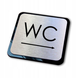 srebrna tabliczka informacyjna grawer WC w prawo
