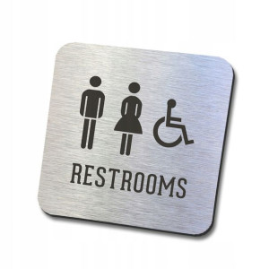 Srebrna tabliczka informacyjna restrooms 10x10 cm