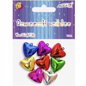Dzwonki ozdobne serca mix kolor 2,5 cm 8 szt.