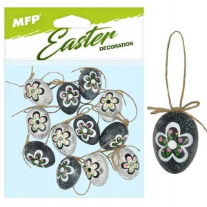 Ozdoba jajka plastik 4cm 12szt. mix czarny kwiatek