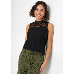 Czarny Lniany Top Z Koronką 52-54 925905