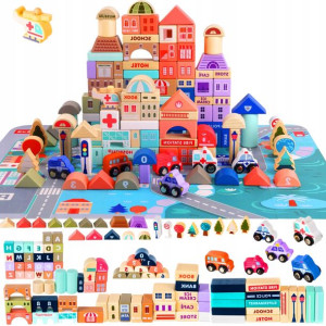 Drewniane Klocki Miasto Auto 115 Klocków + Puzzle