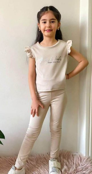 Komplet 2cz prążek bluzka legginsy 98/104 3-4l beżowy