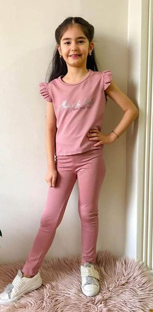 Komplet 2cz prążek bluzka legginsy 134/140 9-10l brudny róż