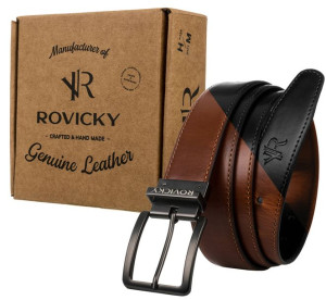 Dwustronny pasek męski ze skóry naturalnej licowej - czarny/brązowy Rovicky