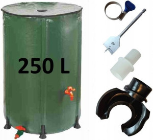 Beczka na deszczówkę 250l + przyłącze rynnowe RAMP