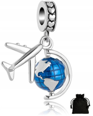Charms Błekitny Globus Obrotowy Samolot + Woreczek