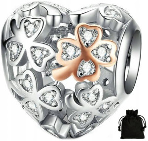 Charms Zawieszka Serce Koniczyna + Woreczek