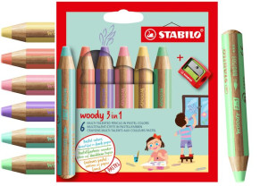 Kredki Stabilo Woody 3W1 6Xpastelowe + Temperówka