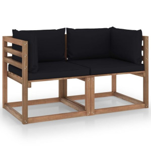 Ogrodowa sofa 2-os. z palet, z czarnymi poduszkami, sosna