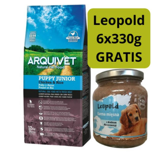 Arquivet Puppy&Junior Kurczak z ryżem 12kg + Leopold karma mięsna 6x330g