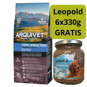Arquivet Puppy&Junior MAXI Kurczak z ryżem 12kg + Leopold karma mięsna 6x33