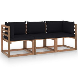 Ogrodowa sofa 3-os. z palet, z czarnymi poduszkami, sosna