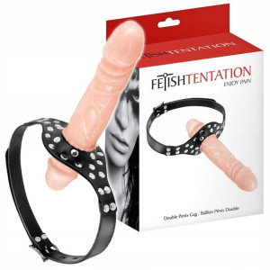 Dildo, sztuczny penis na pasie. Knebel do ust.