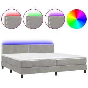 Łóżko kontynentalne z materacem i LED, szare 200x200cm, aksamit