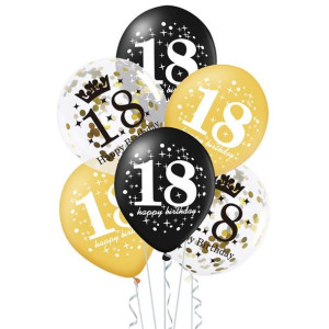Balony na 18 URODZINY z konfetti ZŁOTE CZARNE 6szt