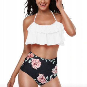 Strój Bikini Wysoki Stan Falbanka Kwiaty Biały M