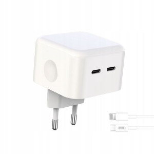 XO PD 35W 2x USB-C biała + kabel USB-C-Lightning