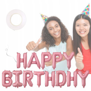 Balony Happy Birthday Różowy Wstążka Gratis 16cali