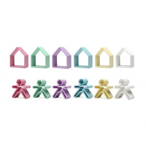 Zabawka do układania i gryzienia DENA 6 x Kid + 6 x House PASTEL
