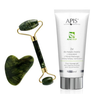 APIS Zestaw masażu twarzy roller GUA SHA jadeit