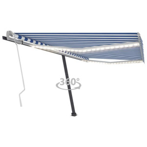 Ręcznie zwijana markiza z LED, 450 x 300 cm, niebiesko-biała