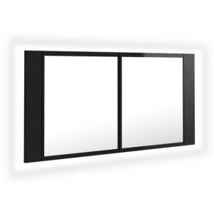 Szafka łazienkowa z lustrem i LED, połysk, czarna, 90x12x45 cm