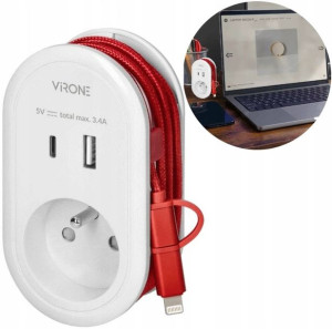 Rozgałęźnik Gniazdo z Ładowarką USB A+C z Kabel