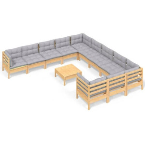 12-cz. zestaw wypoczynkowy do ogrodu, szare poduszki, sosna