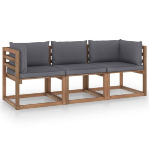 Ogrodowa sofa 3-os. z palet, z antracytowymi poduszkami, sosna