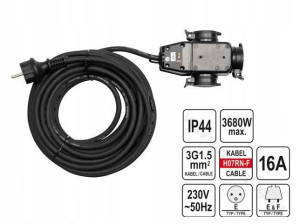 Yato Przedłużacz Z Rozgałęźnikiem 20m 3x1,5mm2 Ip4