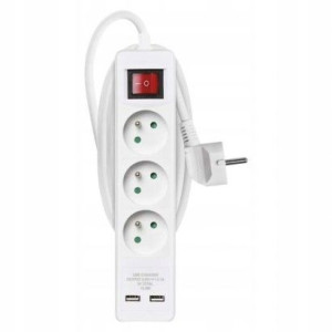 Przedłużacz z wyłącznikiem 3 gniazda 2m + 2× USB
