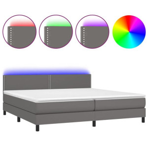 Łóżko kontynentalne z materacem i LED, szara ekoskóra 200x200cm