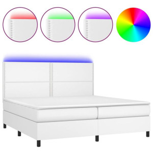 Łóżko kontynentalne z materacem i LED, biała ekoskóra 200x200cm
