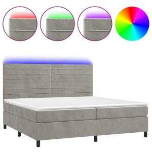 Łóżko kontynentalne z materacem i LED, szare 200x200cm, aksamit