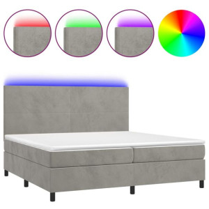 Łóżko kontynentalne z materacem i LED, szare 200x200cm, aksamit