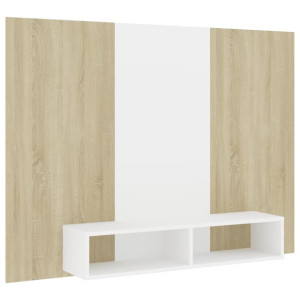Wisząca szafka pod TV, biel i dąb sonoma, 135 x 23,5 x 90 cm