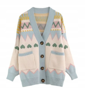 Sweter Z Guzikami Niebieski Pastelowy Serduszka
