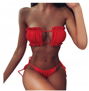 Strój Kąpielowy Bikini Bandeau Marszczony Red L