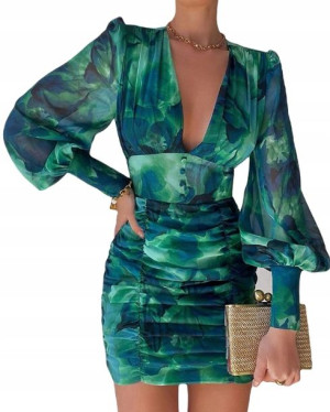 Letnia Mini Sukienka Print Sexy Zielona Vintage
