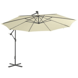Parasol wiszący z LED i metalową rurą, 350 cm, piaskowy
