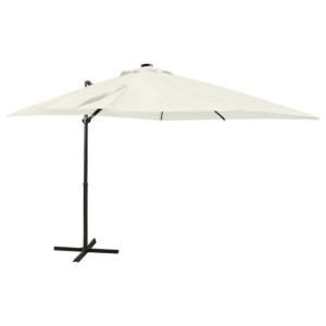 Parasol wiszący z lampkami LED i słupkiem, piaskowy, 250 cm