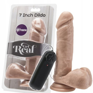 Dildo z jądrami i wibracjami, na przyssawce. Grube