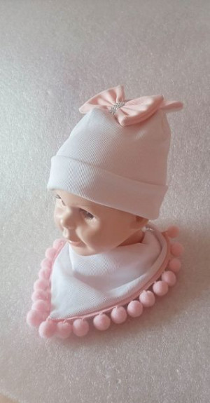 Czapka komin prążki biały róż roz. 52/54