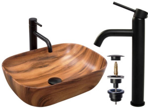 Umywalka  Belinda Wood Rea + Bateria Lungo Czarna + Korek Klik Klak